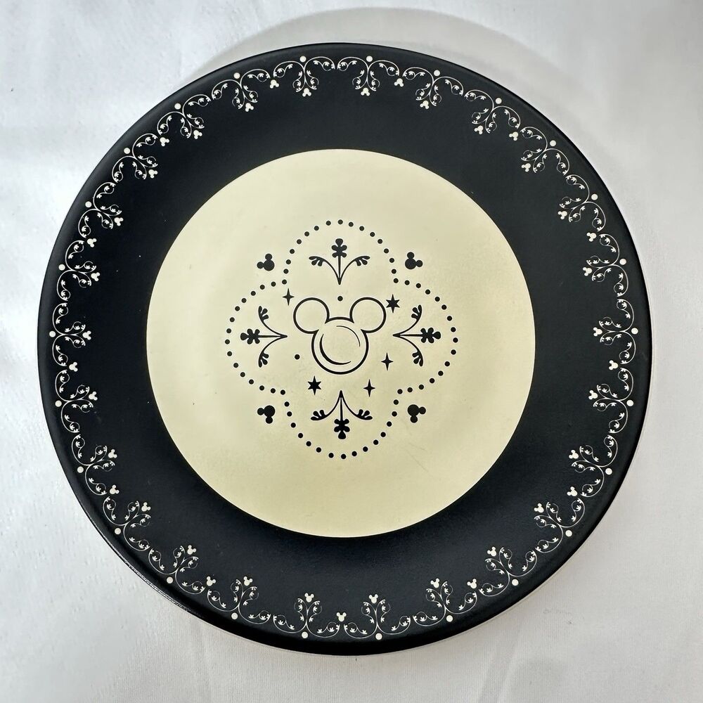 Disney Kitchen Mickey Salad Plate Black Scroll Hidden Mickey 7” HTF